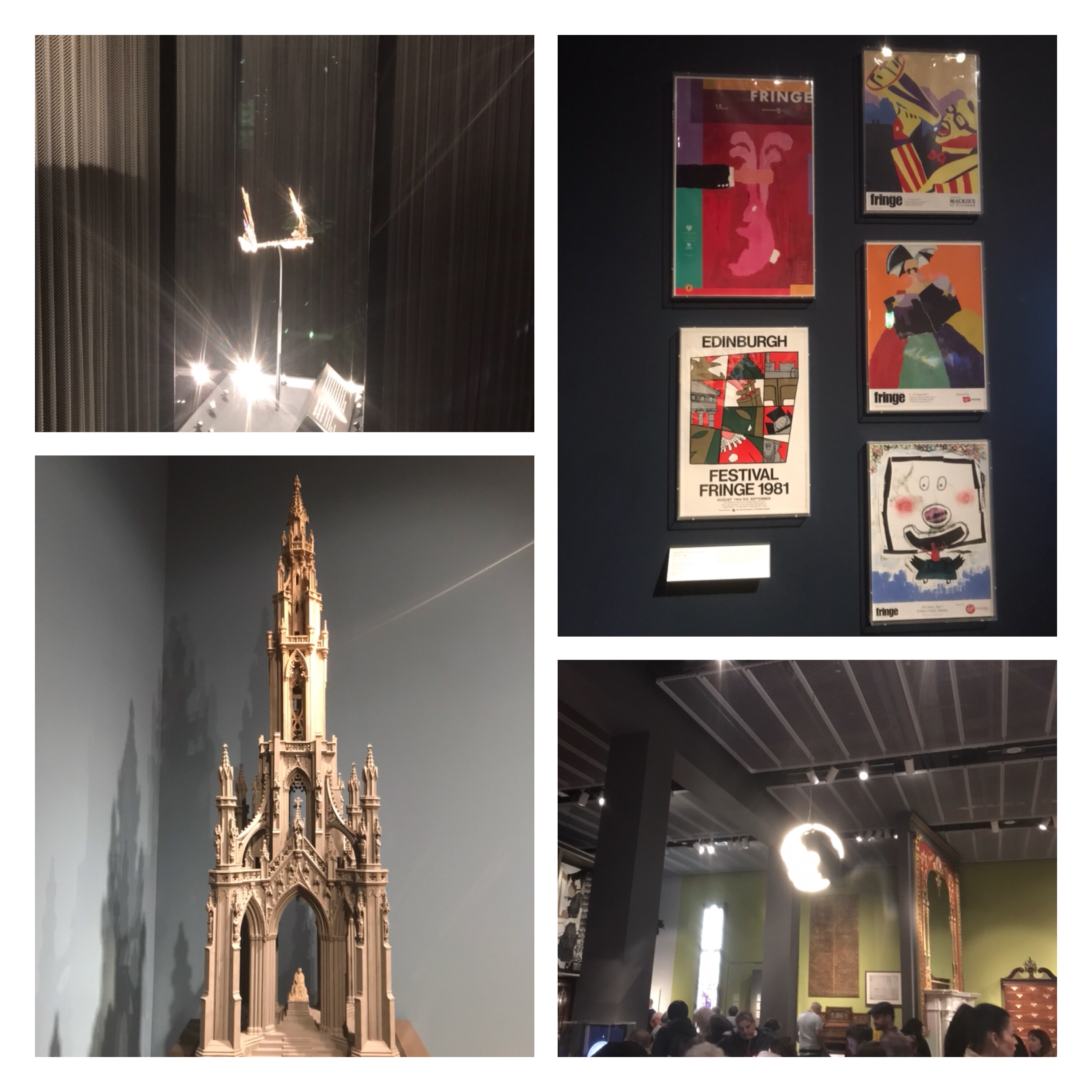 Scott Monument model, tiara, Edinburgh festival posters, Scottish design museum 