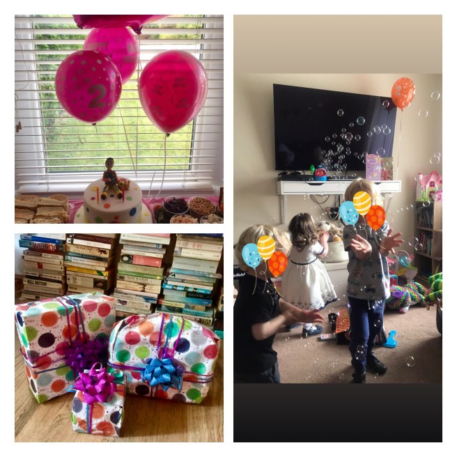 Balloons, birthday cake & children at party