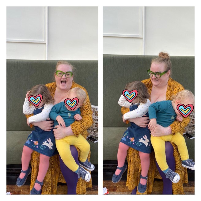 Ly laughing with two struggling toddlers on her knee