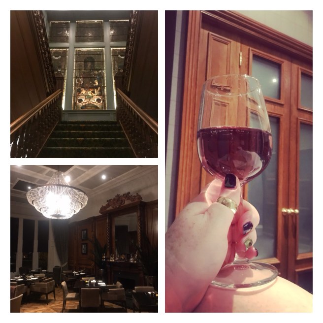 Grand staircase and stained glass window, dining room with chandelier and champagne cocktail