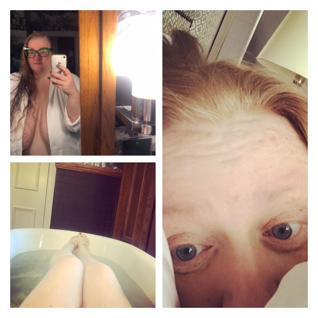 ly looking in mirror in white hotel robe, ly soaking in roll top bath 