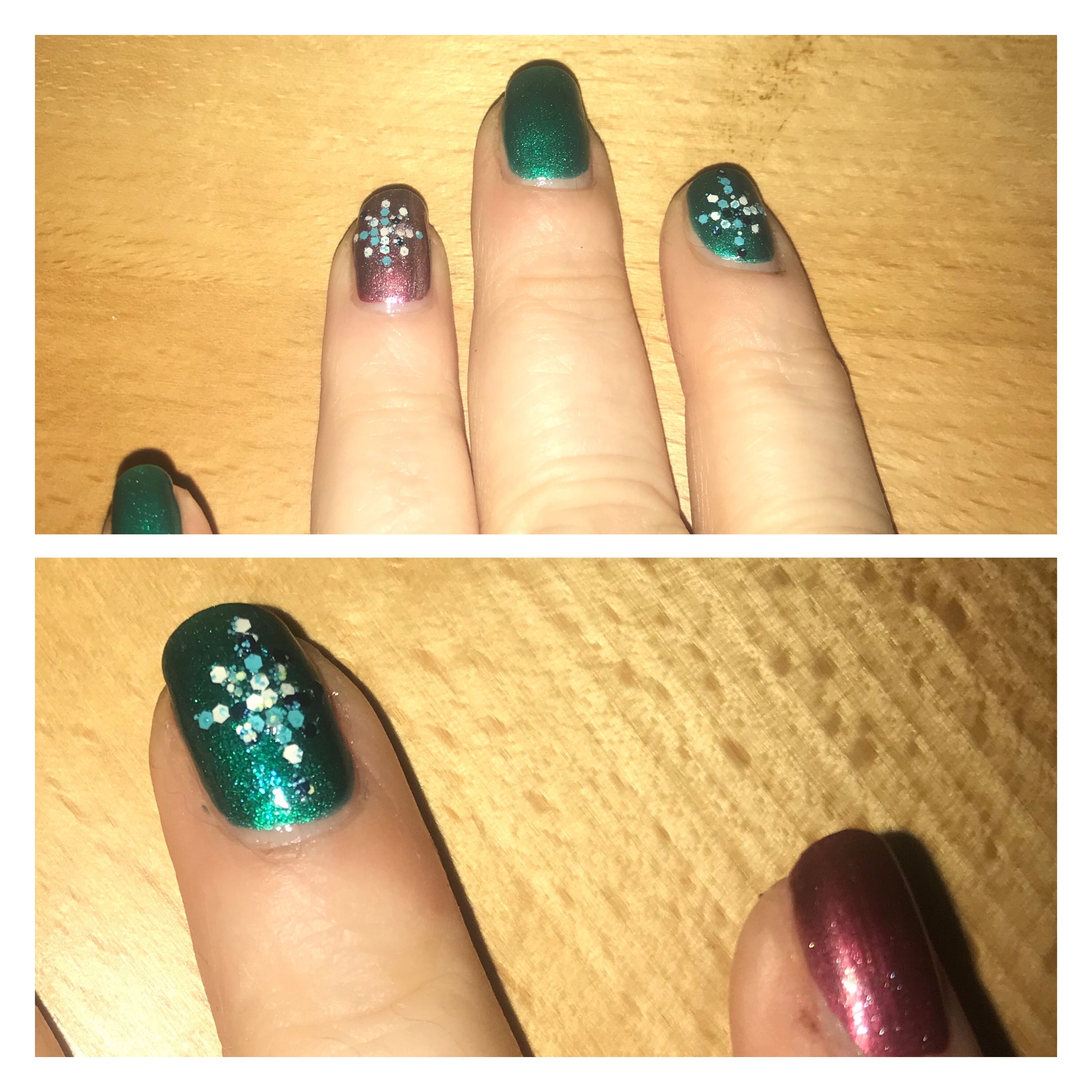 Xmas nail art. White & blue glitter stars on red base