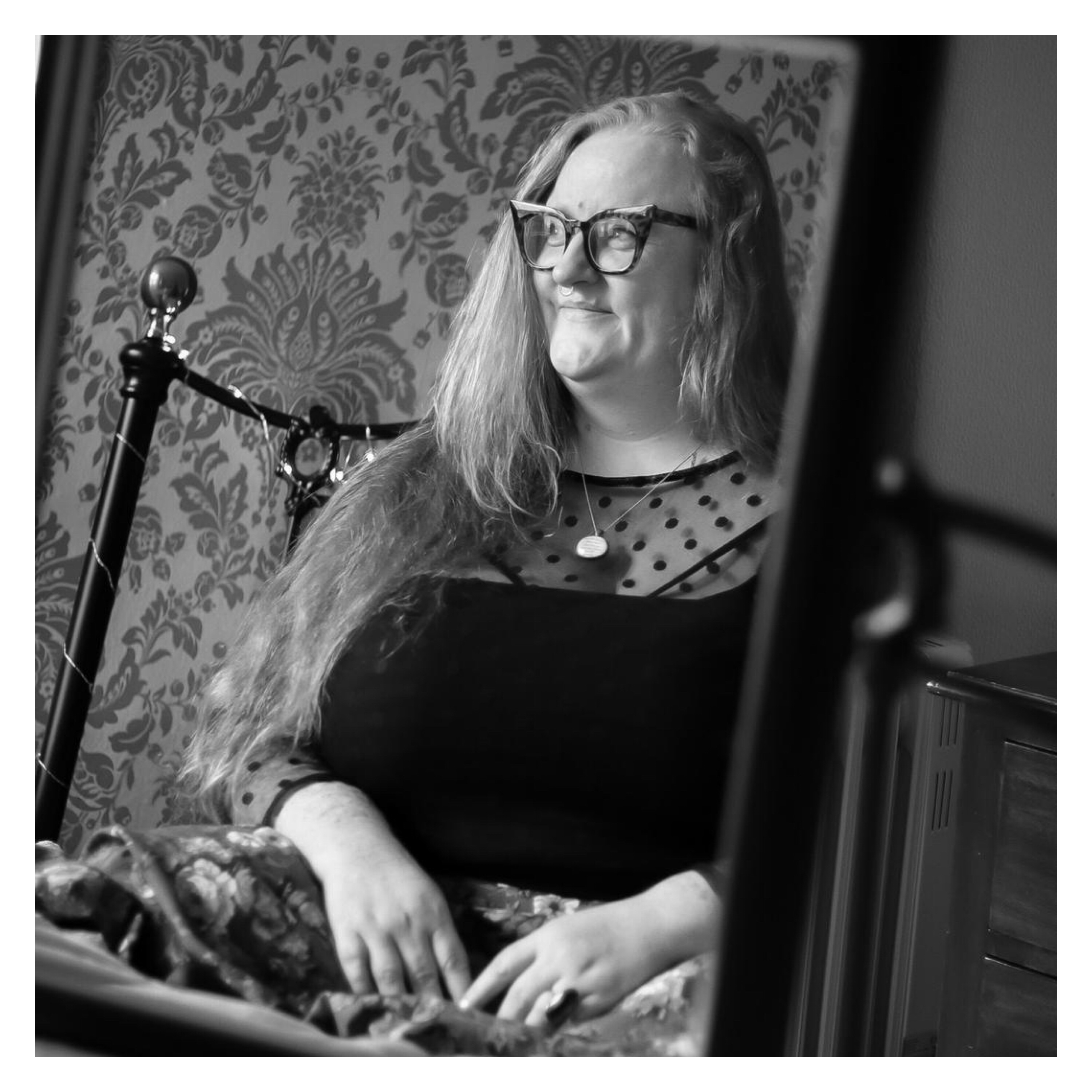 Mirror image of fat women smiling 