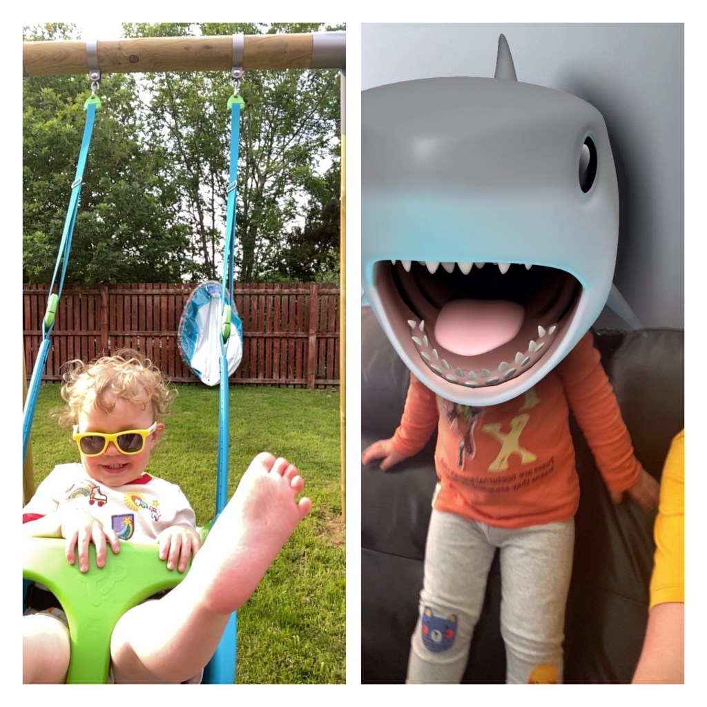 Toddler on a swing & with shark filter 