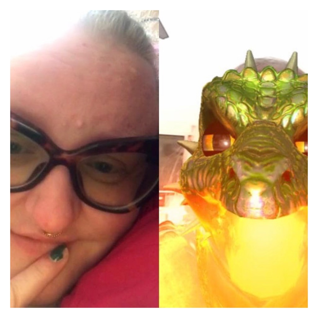 Women & child with dragon filter on video call 