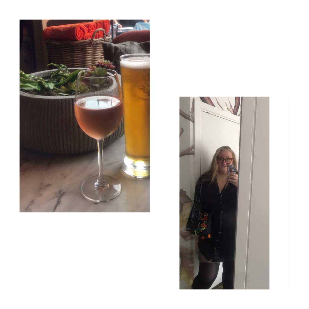 Glass of rose & pint of beer . Ly in black shirt dress with illusion tights.