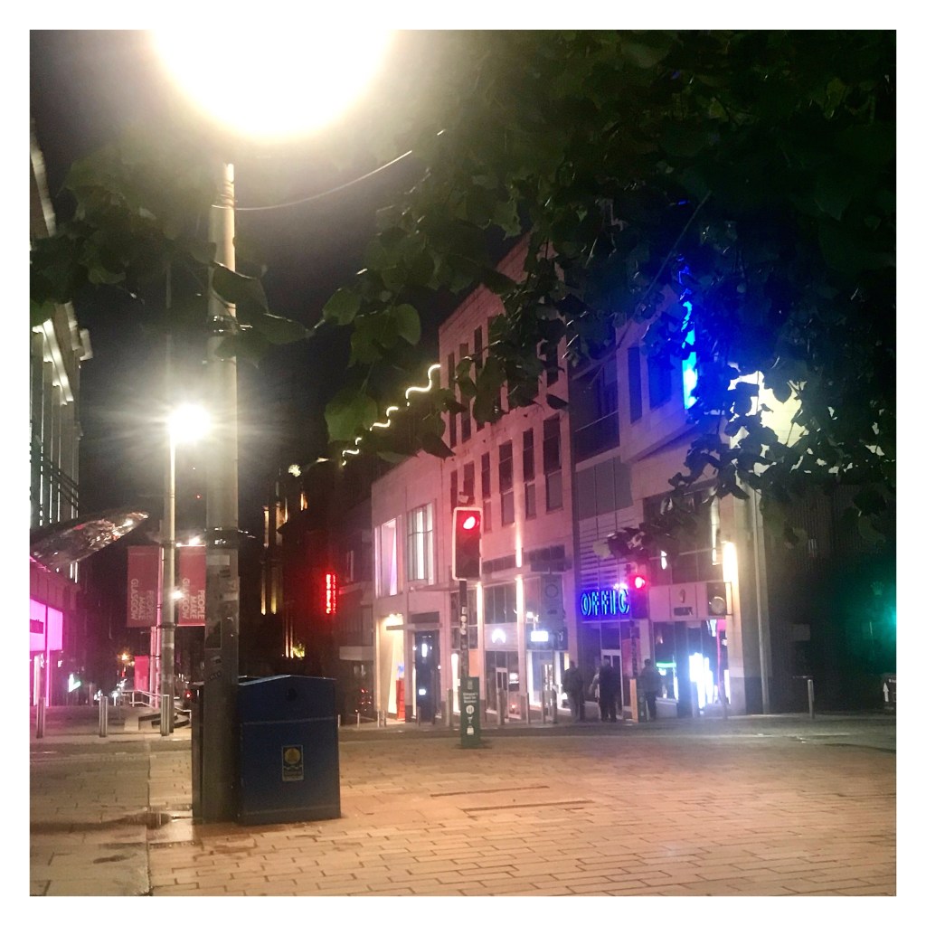 Deserted Buchanan street with lots of bright lights 