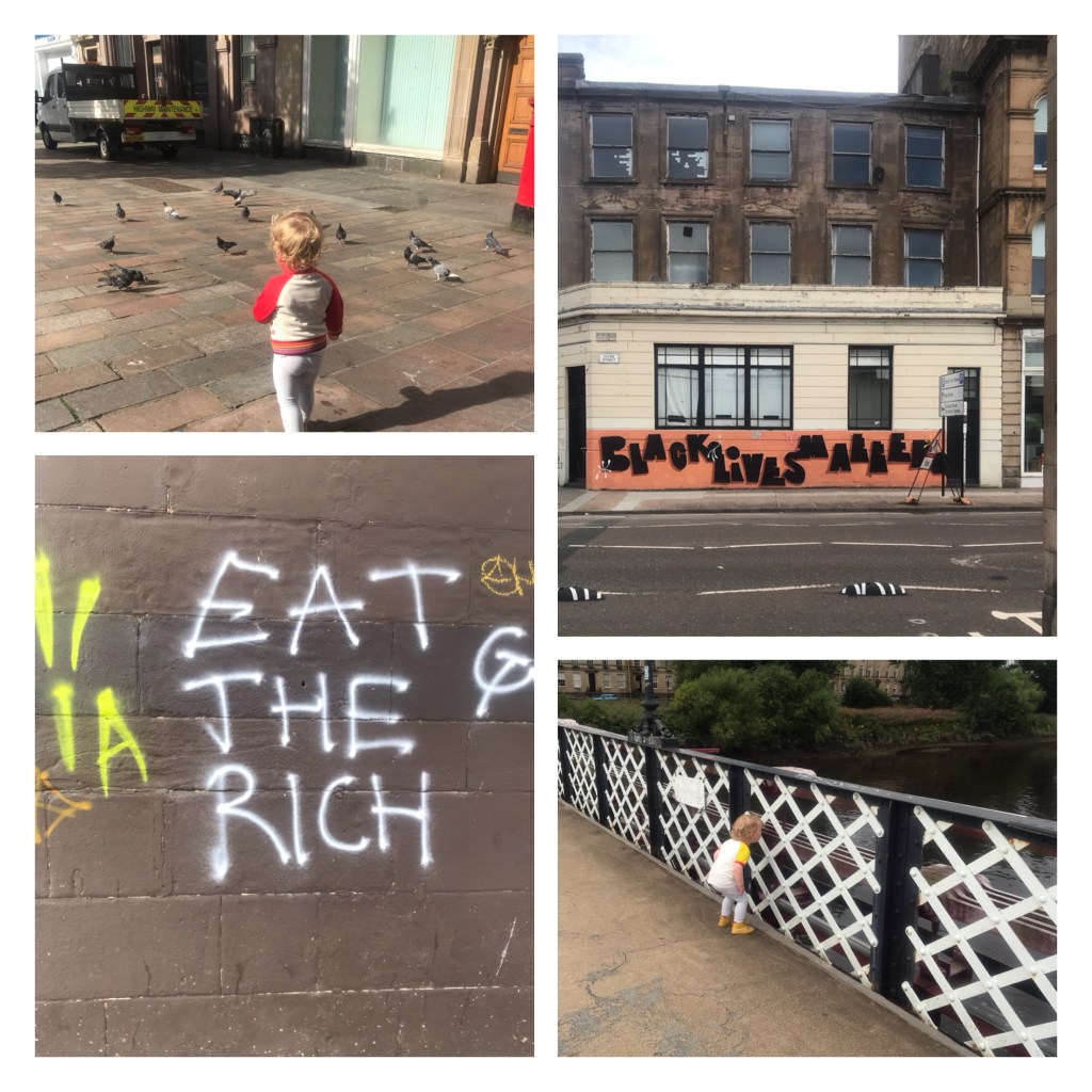 Glasgow street art,  toddler feeding birds 