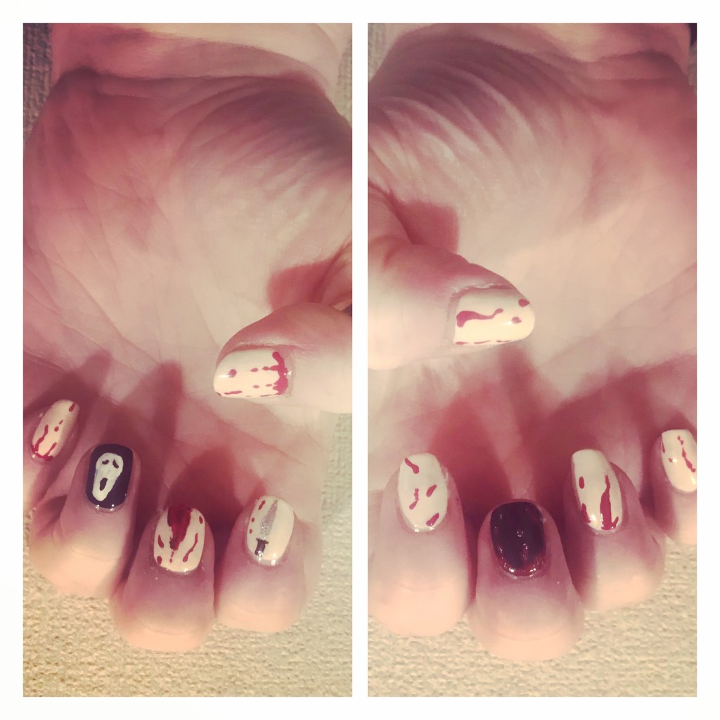 Scream themed nail art . Ghost face, knife & blood 