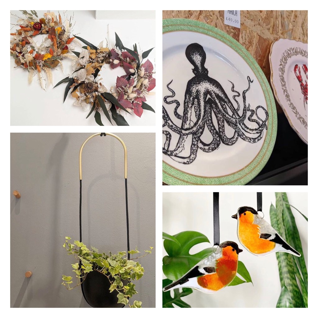 Dried flower wreaths octopus plate, good posnt holder with ivy, stained glass robin window decorations 