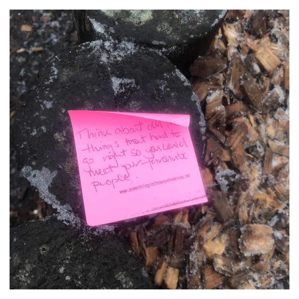 Pink post it note on frosty leaves