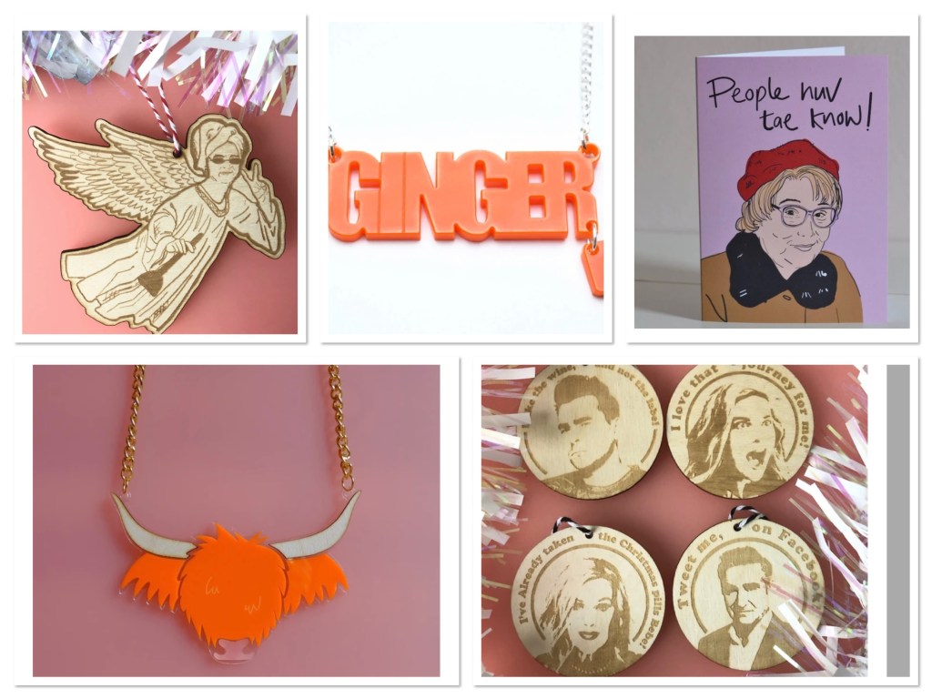 Bonnie bling jewellery & Xmas decorations. Round schitt’d creek quite Xmas teee decorations, orange plastic highland cow necklace, orange ginger necklace, wooden Lewis capaldi angel 