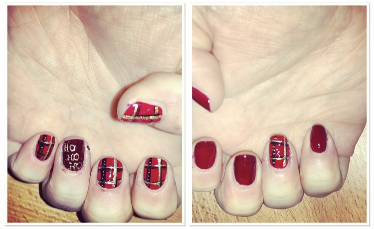 Red & gold tartan nail art with deep red accent nail with gold ho ho ho