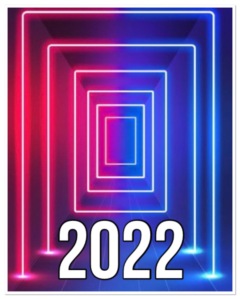 Pink and blue neon gateway with big white 2022 