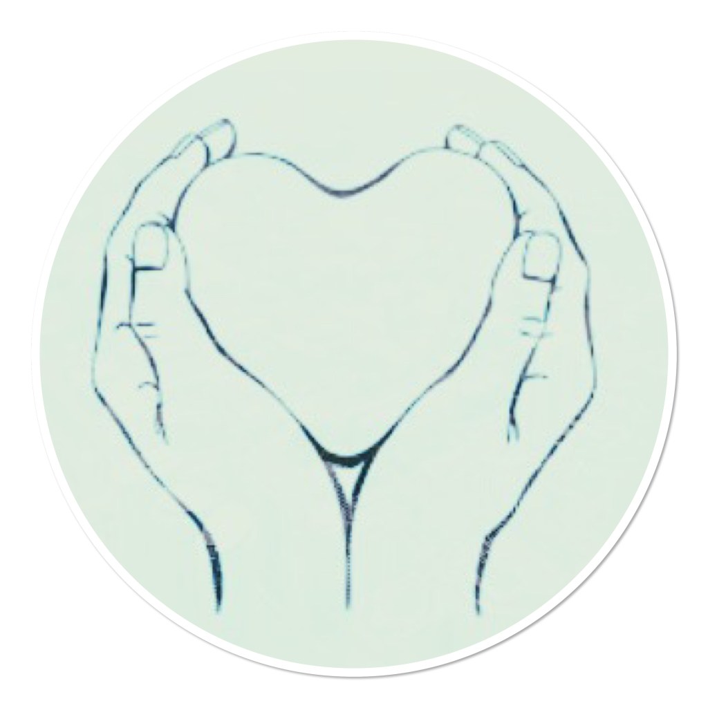 Drawing of hands holding a heart on green background 