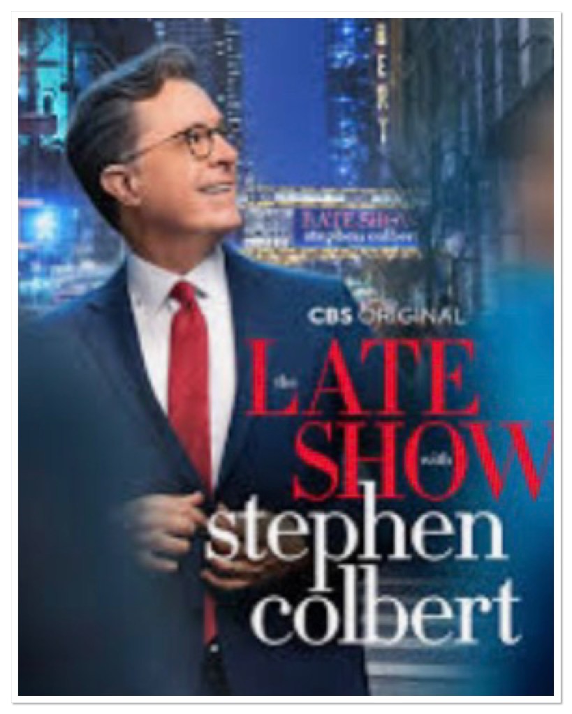 Stephen Colbert with nyc in the background. Text says the late show with Stephen colbert