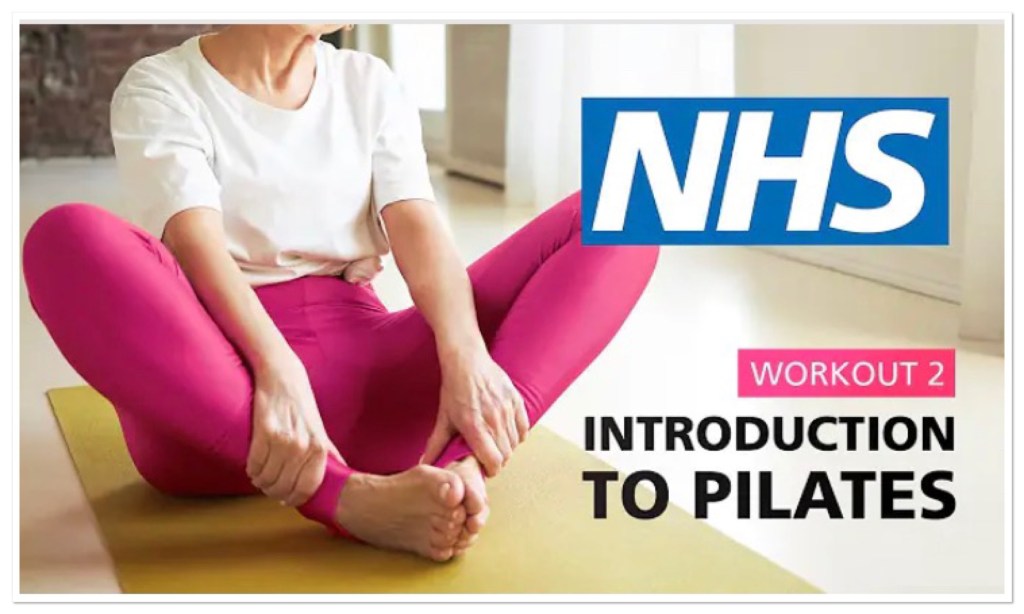 Women in pink leggings doing crossed legged Pilates stretch . Txt reads nhs Pilates for beginners
